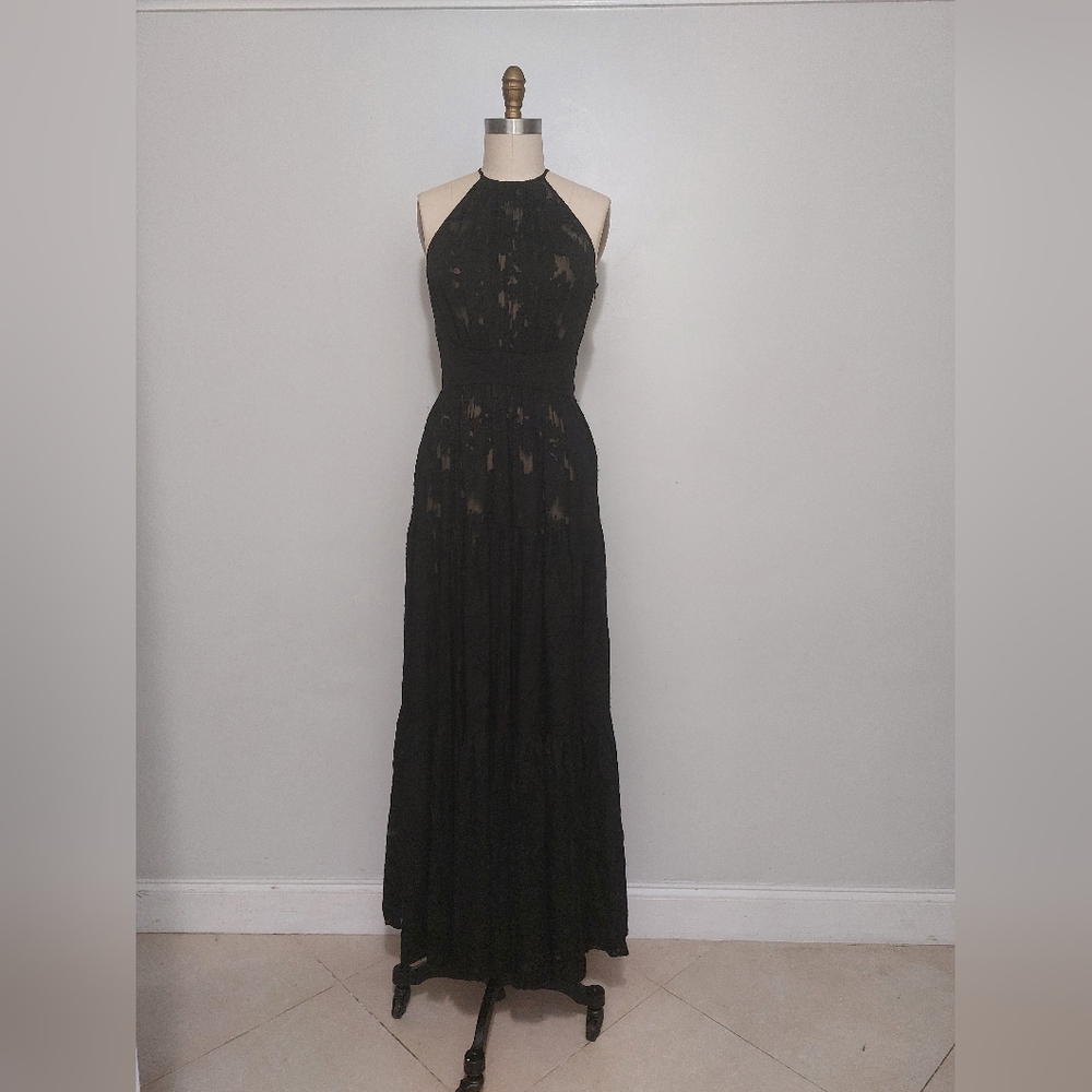 L'Agence Black Burnout Silk Maxi Dress